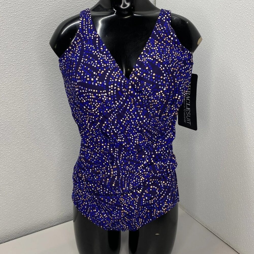 NEW MIRACLESUIT Oceanus One-Piece Swimsuit Plum Blue/Multi Size 12 DD-Cup